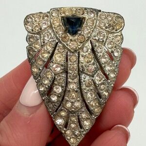 Vintage Art Deco Rhinestone Dress Clip Blue Glass Fan Shield Brooch Pin
